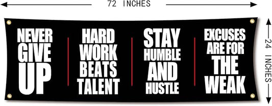 Motivational Gym Flag Banner - Never Give Up - 72x24 Inches Home & Garage Gym Wall Decor with 4 Brass Grommets for Easy Hanging