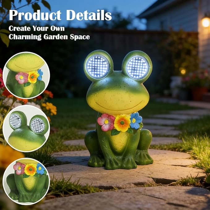 Solar Garden Statue with LED Lights, Dynamic Blinking Lights and Flowers, Outdoor Garden Figurine for Patio Porch Lawn Backyard Decor, Housewarming Gifts for Women (Frog)