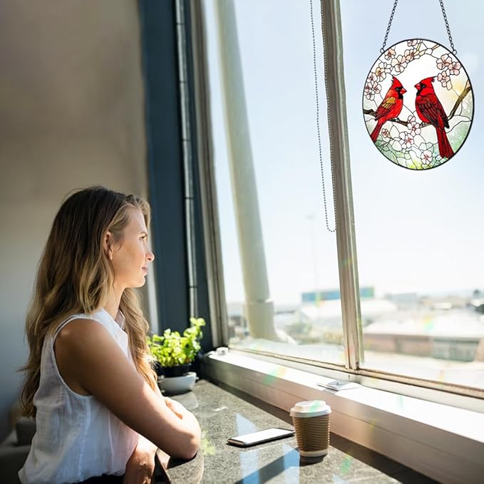 Cardinal Suncatcher Stained Glass Window Hanging - 8” Handmade Red Bird Suncatchers for Windows Hanging - Sun Catchers Indoor Wall Decor Art Glass Panels - Mothers Day Birthday Gifts for Mom Grandma