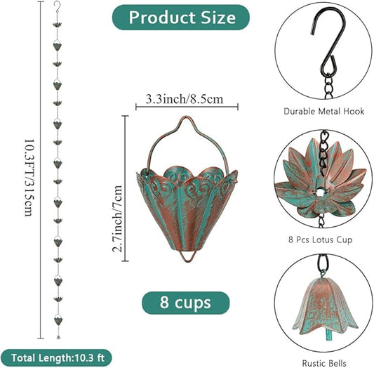 Lotus Rain Chains for Gutters, Rain Chains with 8 Cups, Adjustable Rain Catcher Chain for Outside, Replacement Downspout for Gutters, Eaves, Drainage
