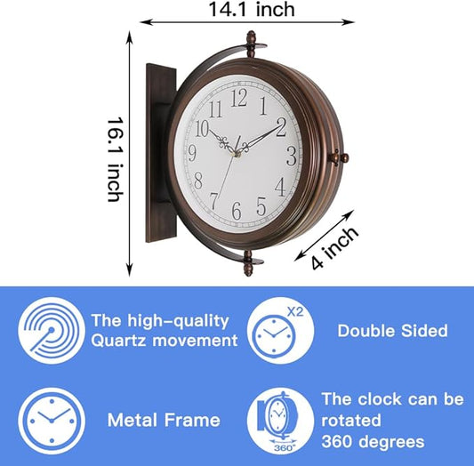 BESTIME 66264A 16-Inch Double Sided Metal Wall Clock with Antique Red Copper.Sturdy Frame,Easy Read,Garden,Home Décor,Indoor,Outdoor,Farmhouse,Yard,Station,Office,Photography Props.
