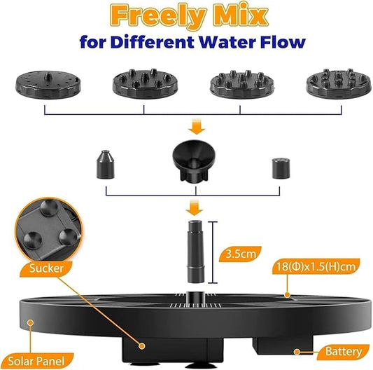 2.5W Upgraded Solar Bird Bath Fountain Pump, 7" Solar Powered Water Fountain with 6 Nozzles, for Bird Bath, Garden, Pond, Pool, Outdoor - Solar Water Pump for Birds & Decor
