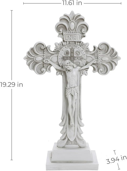 LuxenHome Jesus Cross Decor Statue, 19 Inch Tall Off White Polyresin Holy Cross Jesus Crucifix Statue, Standing Crucifix Catholic Decor for Indoor Outdoor Garden, Christ Sculpture Gift