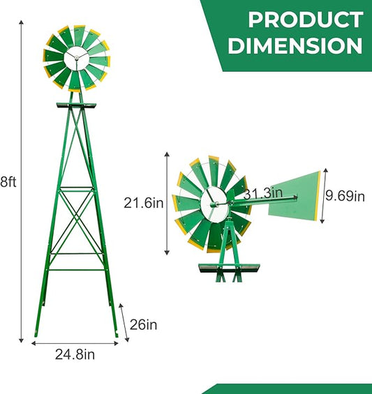 Outvita 8FT Ornamental Windmill, Heavy Duty Durable Metal Weather Vane Garden Decoration Weather Resistant for Garden, Yard, Farm, Seaside (8ft-Green)