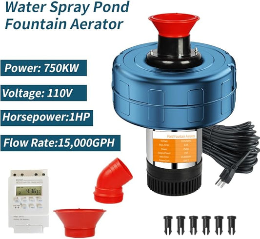 Pond Fountain Aerator, 1HP 110V 15000 GPH Stainless Steel Floating Pump w/100ft Cord – Aerator for Ponds, Lakes, Water Gardens