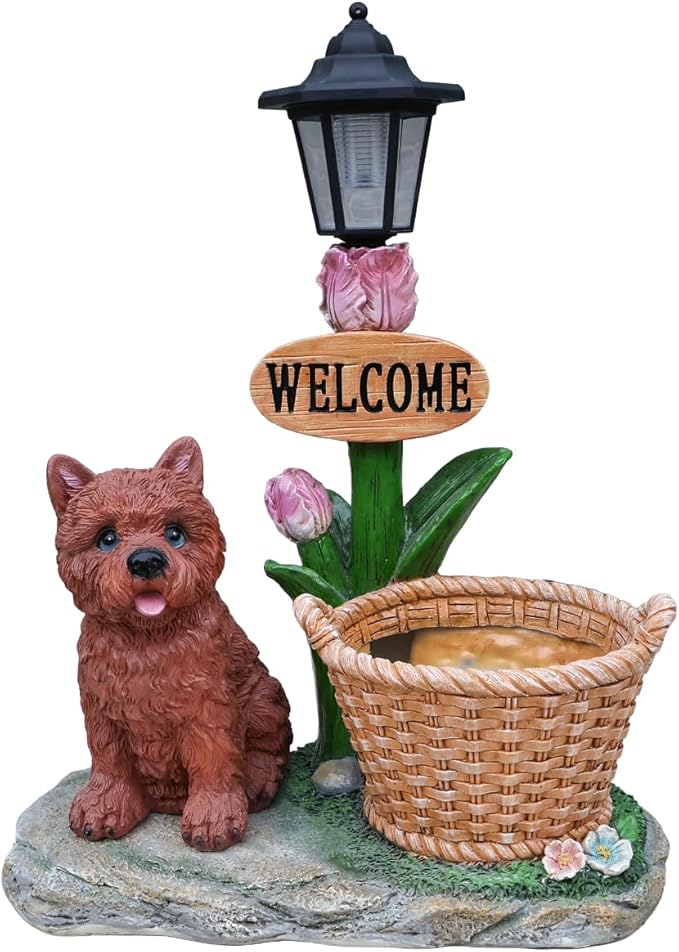 Solar Garden Statue with Planter & Solar Lantern, Outdoor Resin Animal Sculpture, Waterproof Yard Lawn Decor Pot for Succulents, Front Porch Ornament Housewarming Gift (Yorkie)