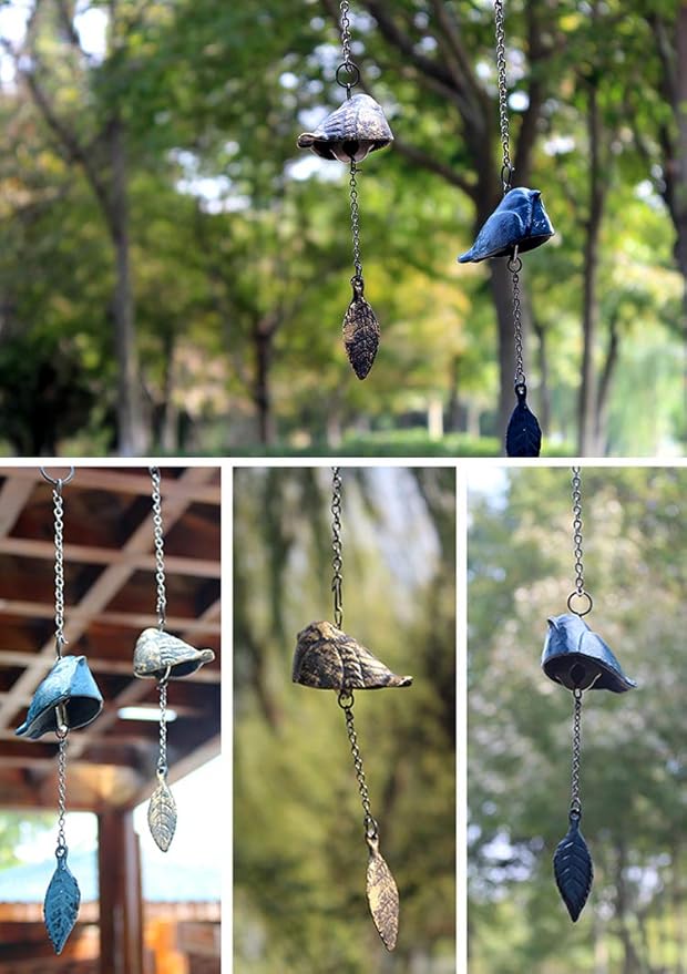 Japanese Cast Iron Metal Wind Bell Chimes Door Pendant Garden Decor Birthday Gift, Bird and Tree Leave