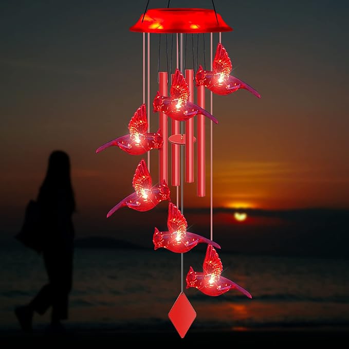Solar Wind Chimes for Outside - 37" WANQDG 6 LED Cardinal Bird Wind Chime Light with 4 Red Metal Tube, Music Wind Chimes Great as a Gift for Women mom Grandma Best Friends' Birthday Gift