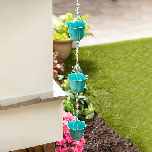 Evergreen Garden Blue Flower Cups Metal Rain Chains for Gutters | 6 ft. Long | Rain Catcher Chain Replacement Downspout | Decorative Rain Chains for Outside Garden Balcony Porch