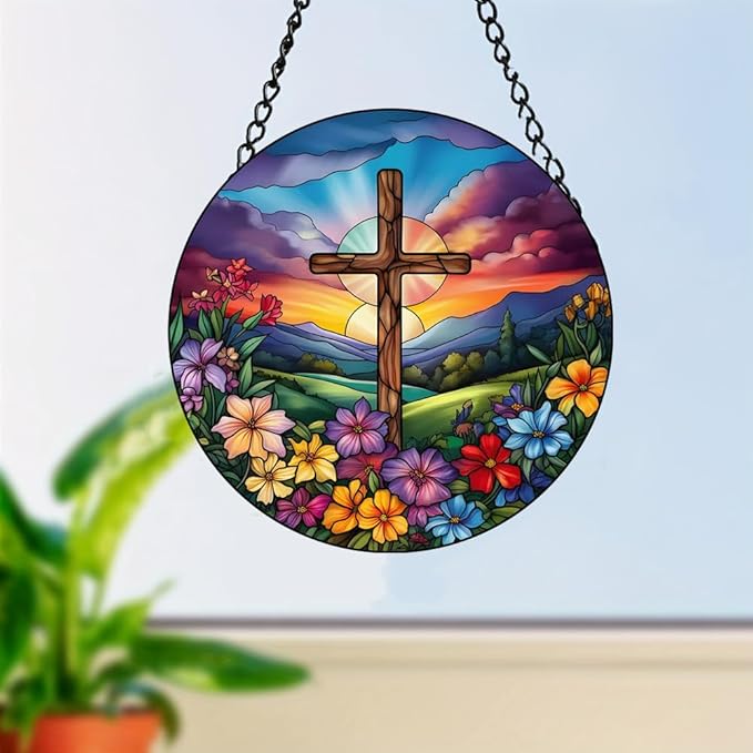 Cross Flowers Stained Window Hangings with Chain – Acrylic Cross Flowers Ornament for Garden, Patio and Indoor Decor, Housewarming Gift for Mom, Grandma