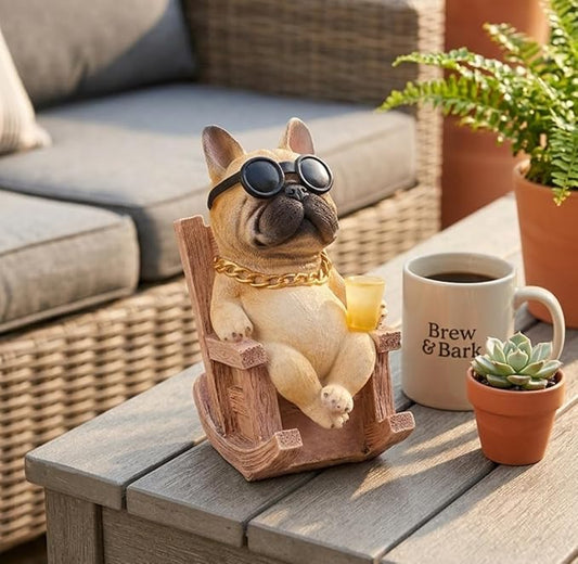 Solar French Bulldog Garden Statue, Funny Frenchie Dog Figurine for Outdoor Yard, Patio, & Lawn Décor, Unique Frenchie Gifts for Housewarming & Birthday,7 Inch Resin (Fawn)