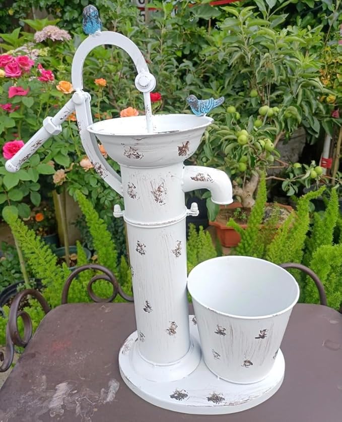 Vintage Garden Water Pump Decor, Rustic Wrought Iron Bird Bath, Red, Blue, White, Rust, Outdoor Yard Decor, Height 22 Inches (White)