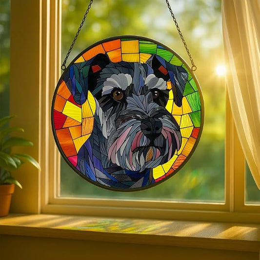Stained Glass Window Hanging Schnauzer Dog 11.8in Sun Catchers Panel for Indoor Decorative Display for Mom Wife Lovers Festive