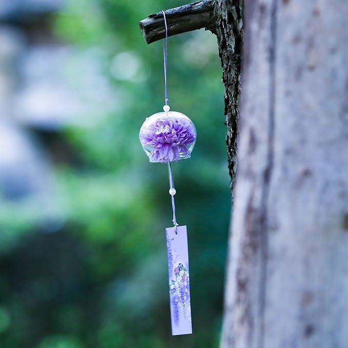 Japanese Wind Chime Glass Outdoor Ornament for Garden, Patio & Balcony, Hanging Wind-Bell Decoration Gift, Blessing Pendant Windchimes & PVC Wind-Catcher, Purple Flower