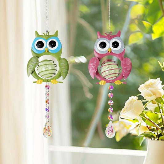 Garden Suncatcher, 2 Pack Hanging Owl Suncatchers with Rainbow Maker Crystal, Hand-Painted Metal Sun Catchers Indoor Window for Garden, Patio, Balcony, Indoor Window