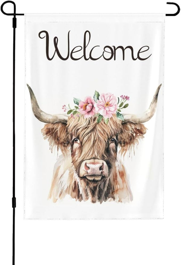 Welcome Pink Floral Highland Cow Garden Flags 12×18 Inch Double Sided Decorative Yard Banner Seasonal Flag for Outdoor Outside Decor