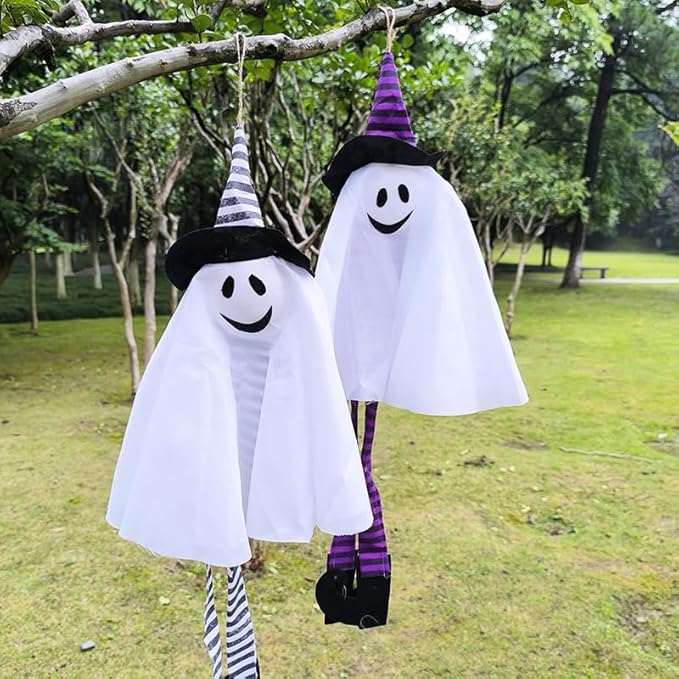 Solar Powerd Halloween Ghost Decorations Outdoor, Set of 3 Light Up Ghosts Kit with Witch Hats Cute Floating Front Yard Decor Hanging Glowing Led Lights Outside Tree Lawn Stake Pathway Patio Garden