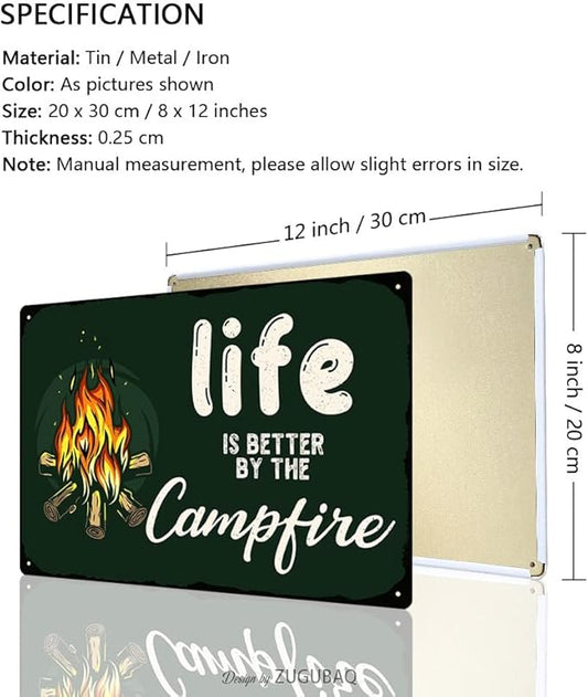 Vintage Metal Funny Camping Tin Sign-Life Is Better By The Campfire Outdoor Porch Patio Home Kitchen Garden Bar Poster Retro Decor Art 8X12 Inch Wall Decor