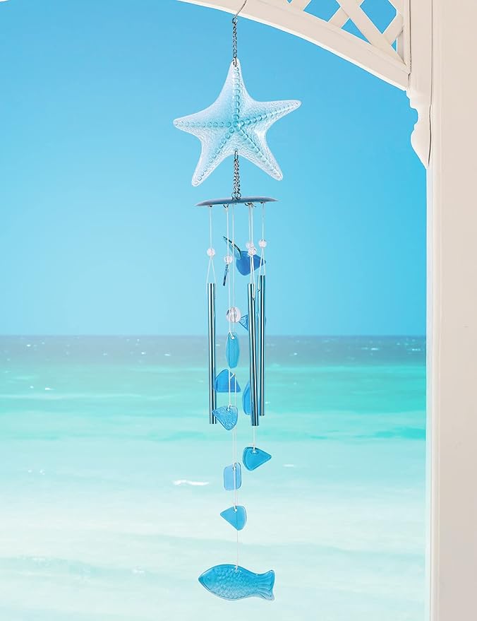 Sunset Vista Designs 92539 Blue Starfish Wind Chime, Metal and Color Glass