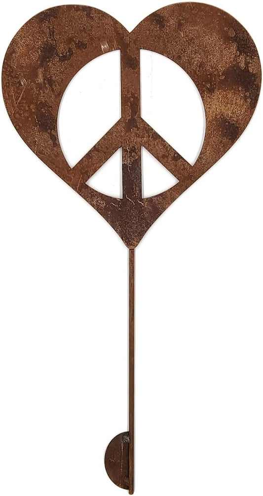 Peace and Heart Staked Signs or Wall Art Rustic or Powder Coated Finishes (Peace Heart Medium Stake 25", Naturally Rusted)