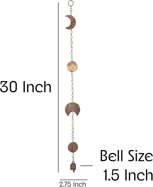Moon Phase Hanging with Rustic Bell – 30 Inch Hammered Metal Wind Chime for Bedroom, Dorm, or Living Room – Boho Gold Celestial Decor for Cottagecore, Astrology Lovers, and Lunar-Inspired Spaces