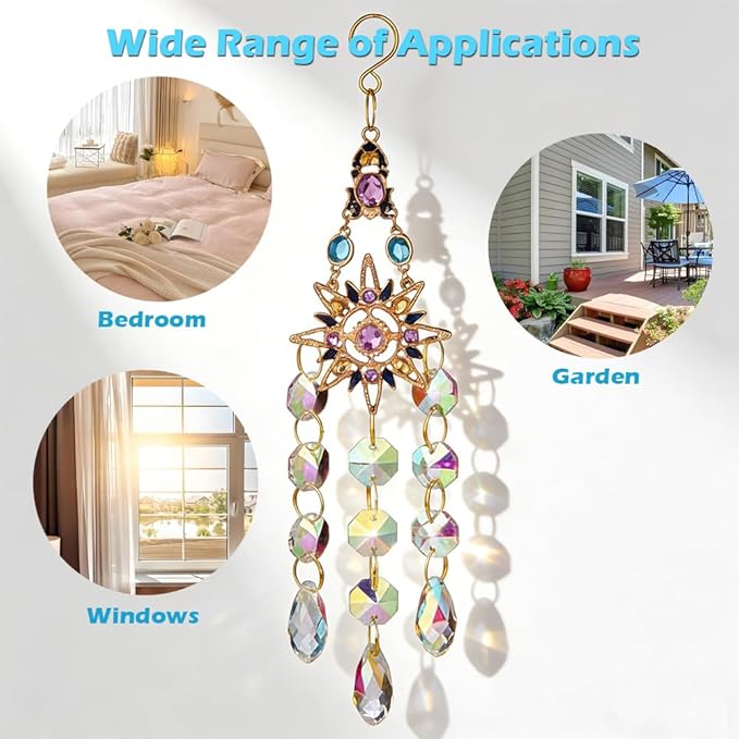 Crystal Suncatcher, Sun Catcher Crystals for Window Hanging, Crystal Wind Chimes Outdoor Indoor Decoration, Hanging Crystals Prism Suncatcher for Garden Decor Wedding Party (Moon)