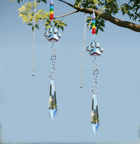 2pcs Pet Dog Cat Paw Print Sun Catcher Pet Memorial Gifts Crystals Prisms Dog Pet Sympathy Hanging Window Garden Decor Wind Chime Rainbow Maker Suncatcher Loss of Dog Gift (Mini Paw)