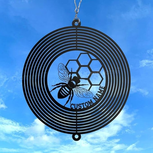 Personalized Bee Metal Wind Spinner, Custom Yard Ornament for Outdoor Spaces, Kinetic Garden Sculpture, Pollinator Lover Gift (Bee Garden Wind Spinner)