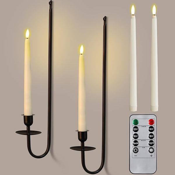 Tessco for you Metal Wall Mount Candle Sconces with 9.6" LED Flameless Taper Candles and Remote Timer 16.5" Wall Hanging Sconces Set for Living Room Fireplace Hallway Stairway(Black,2 Set)