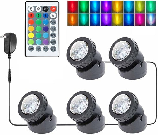 Pond Lights with Timer, Submersible Fountain Lights Colored Underwater LED IP68 Waterproof Memory Dimmable Outdoor Spotlights for Pond Fountain Waterfall Water Landscape, 5 Lights