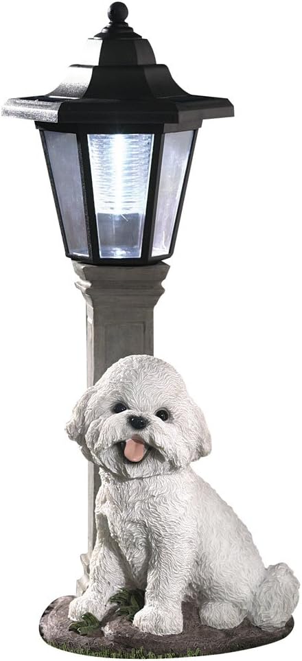 Bits and Pieces - Solar Dog Lantern-Solar Powered Garden Lantern - Resin Dog Sculpture with LED Light (Bichon) - 13.5" Tall