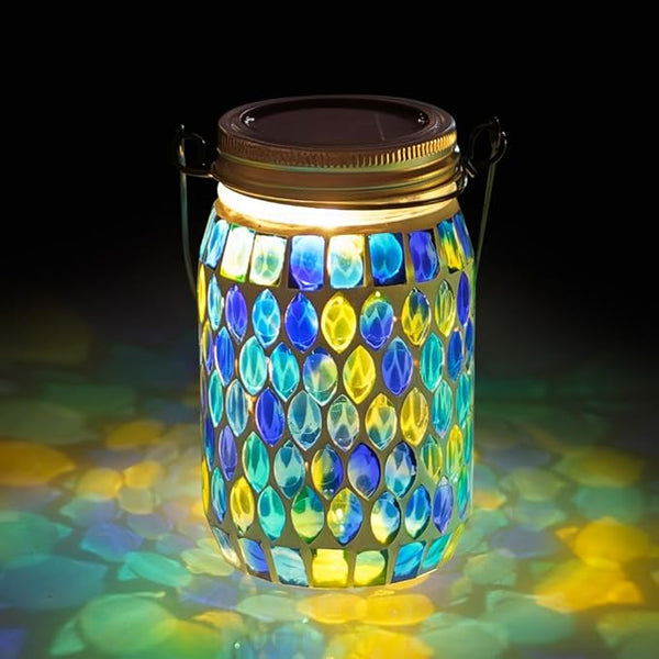 Starsoul Solar Lanterns Outdoor Waterproof, Decorative Teal Mosaic Glass Outdoor Lantern, Hanging Solar Garden Lights for Outside Pathway Patio Porch Yard Table, Gifts for Women Mom Grandma