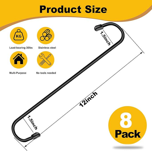Dpyrrhic 8 Pack 12 Inch Large S Hooks for Hanging Plants,Black Extra Matel Heavy Duty Hook for Hang Brsket,Bird House and Clothes