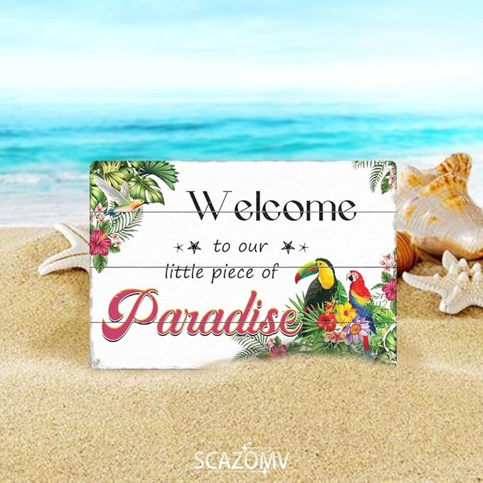 SCAZOMV Welcome to Our Little Piece of Paradise Metal Sign Vintage Tin Signs for Home Wall Decoration Swimming Pool Beach Porch Home Poolside Bar Pub Garden Outdoor Funny Wall Decor 12x8 Inch