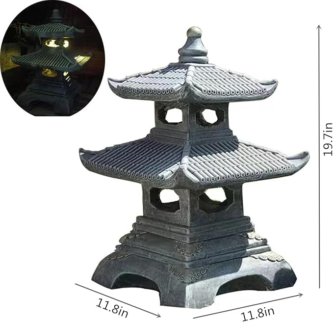 Buokai Solar Outdoor Garden Statue with 2 Tier Pagoda Lantern, Zen Japanese Style for Lawn Decoration and Christmas Ornament