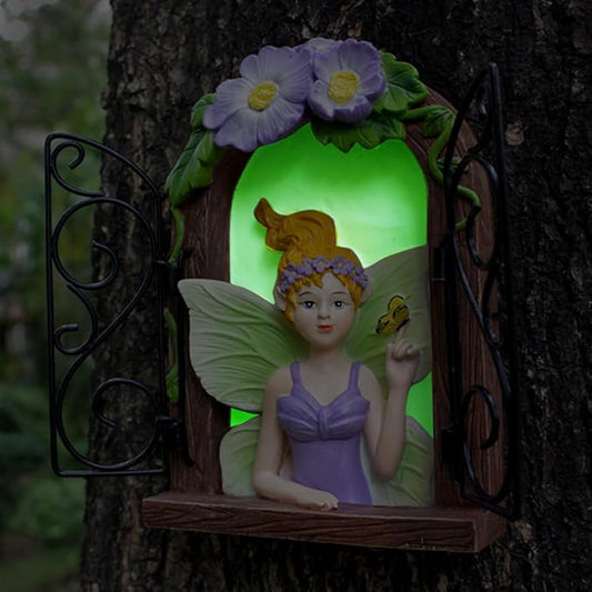 JARPSIRY Fairy Out The Window Tree Hugger Garden Statue, Glow in The Dark Resin Fairy Figurine Wall Art Sculpture Outdoor Tree Faces Decor for Patio Lawn Yard Ornaments (Green)