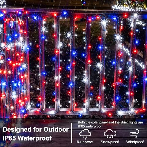 Red White Blue Solar String Lights 100LED 33FT Waterproof 8 Modes