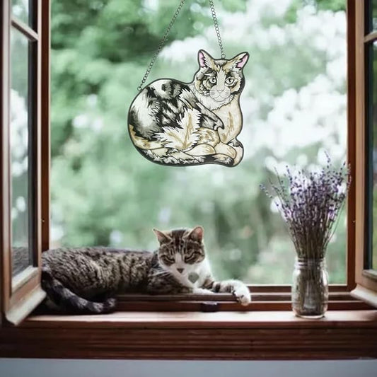 Cat Stained Glass Window Hangings Panel Sun Catcher Wall Art Home Garden Indoor Farmhouse Decor Gifts Pet Loss Memorial Kitty Lover