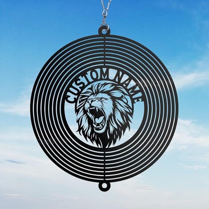 Personalized Lion Metal Wind Spinner, Custom Hanging Sculpture for Outdoor Display, Kinetic Garden Ornament, Strength Symbol Gift (Lion Garden Wind Spinner)