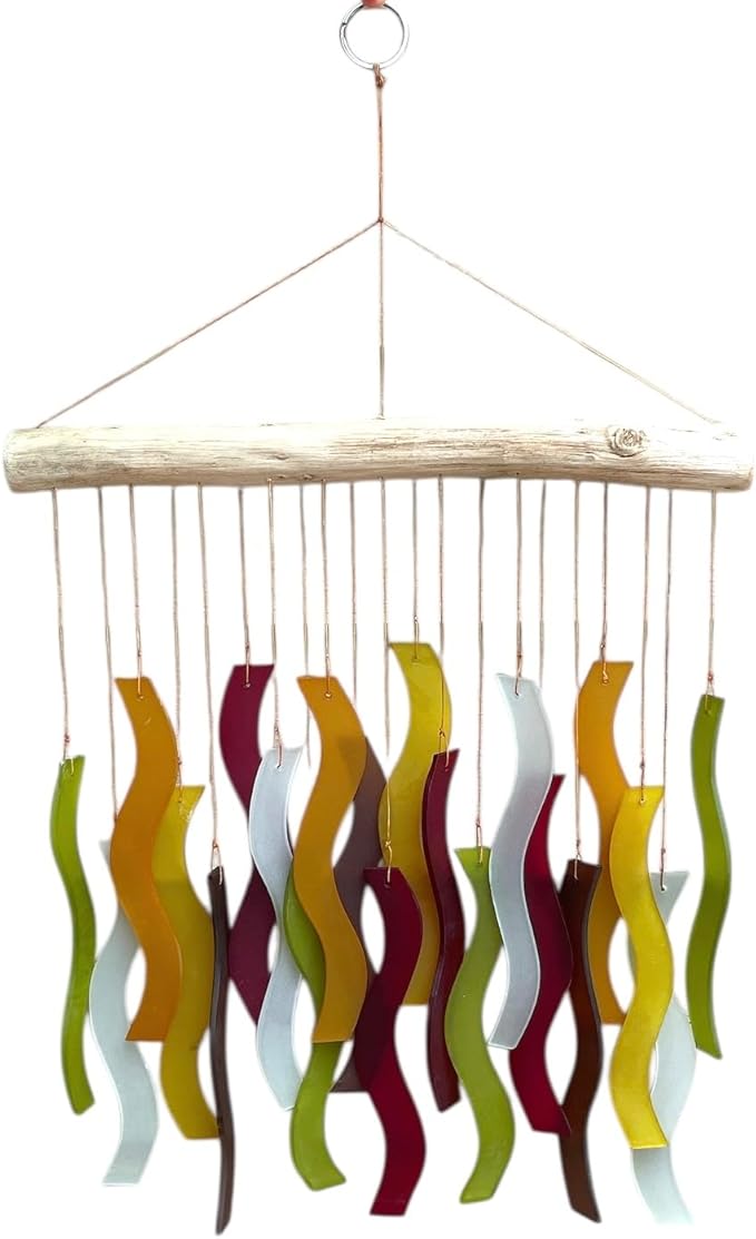 OMA Glass Wind Chime – Handmade Recycled Glass & Driftwood Chime for Garden Patio Decor – Multi Color Hanging Chime for Garden, Patio Or Indoor Decor Sun Catcher Gift - Large 20"