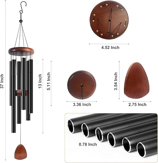 XinPaiHui 37 Inch Matte Black Wind Chime, 6 Heavy Aluminum Tubes Deep Tone Memorial Chime for Outdoor Garden Patio Decor, Sympathy Gift for Mom and Neighbor