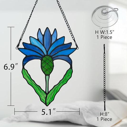 Scottish Thistle Flower Gifts Stained Glass Window Hanging,Fake Blue Flowers Decor Stained Glass Suncatcher,Artificial Flower Gift for Women Mom Grandma