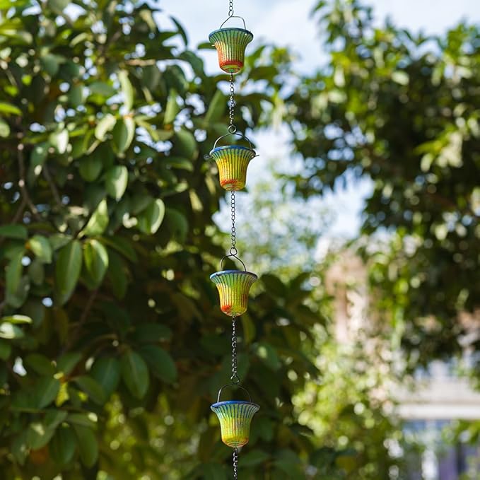 10ft Rain Chains for Outside, 12-Cup Rain Chain Replacement Downspout for Gutters,Eaves, Drainage, Adjustable Length(Green & Yellow)