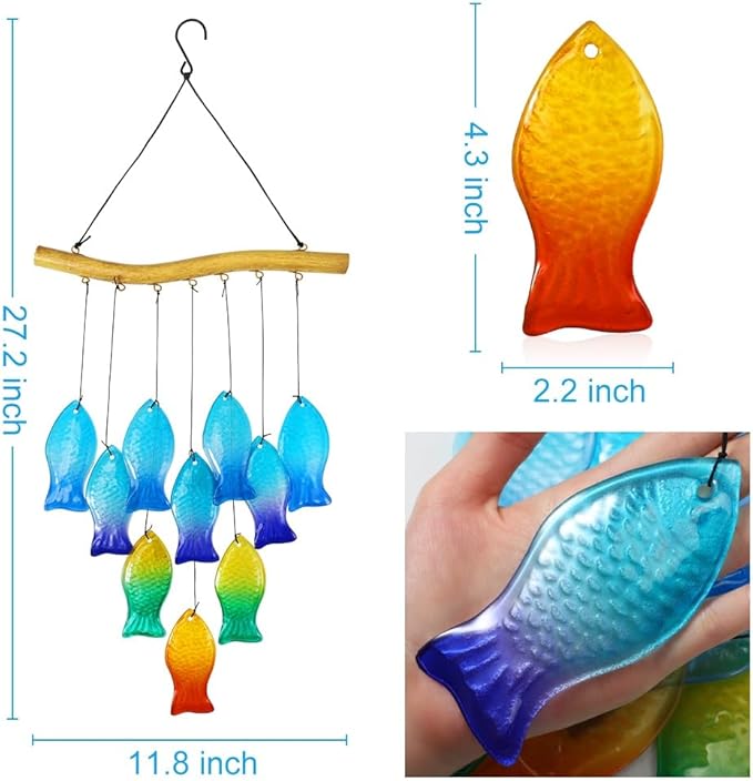 Vindar Sea Glass Wind Chimes for Outside, 28" Unique Schools of Fish Handmade Glass Wind Chimes, Hanging Windchimes for Garden Backyard Home Outdoor Decoration, Gift for Grandmother, Mother, Friends