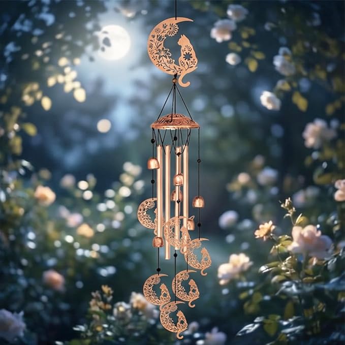 Wind Chimes for Outside, Cat Moon Aluminum Tube Windchime Melodious Melodic for Porch Patio Garden Decor, Unique Metal Memorial Wind Chimes Housewarming Gifts for Friends and Family