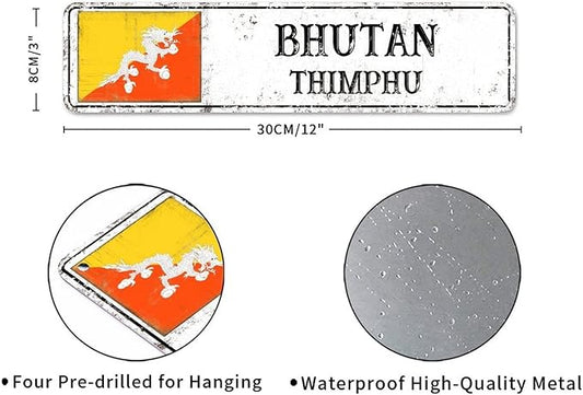 Personalized Bhutan Street Sign Bhutan Flag Signs Capital City of Bhutan Metal Sign Road Rustic Wall Art Country City Indoor & Outdoor Decor for Home Man Cave Door Porch Garden Party 12x3inch