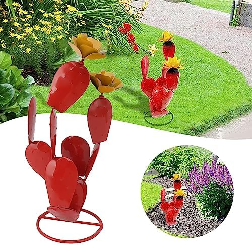 HEEPDD Rustic Iron Prickly Pear Sculpture, Red Metal Desert Plant with Flowers, Garden Yard Patio Lawn Decor