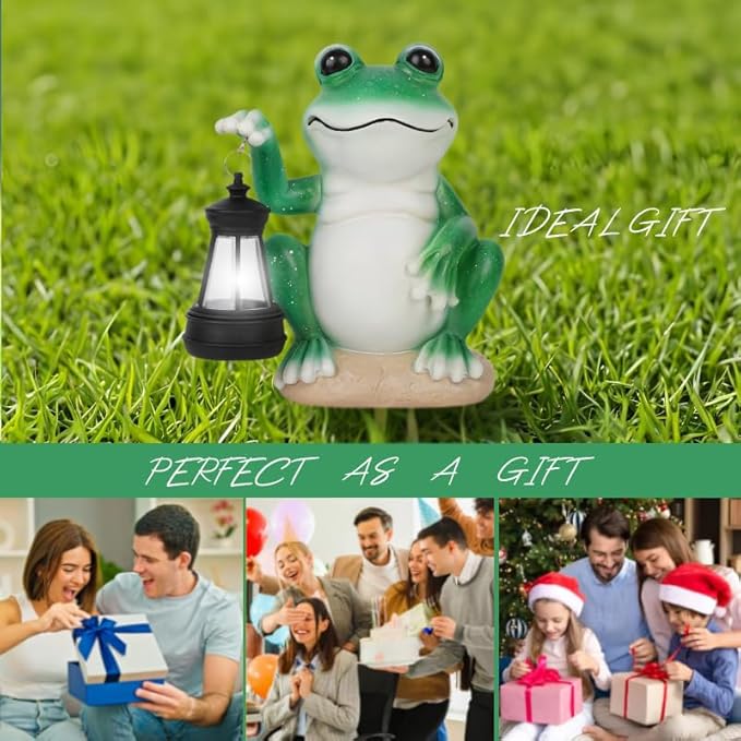 Solar Garden Frog Statue with Solar Lanterns Outdoor Frog Garden Decor Figurine Lights for Patio Balcony Shelf Tabletop Lawn, Unique Housewarming Birthday Thanksgiving Gifts for Women Mom