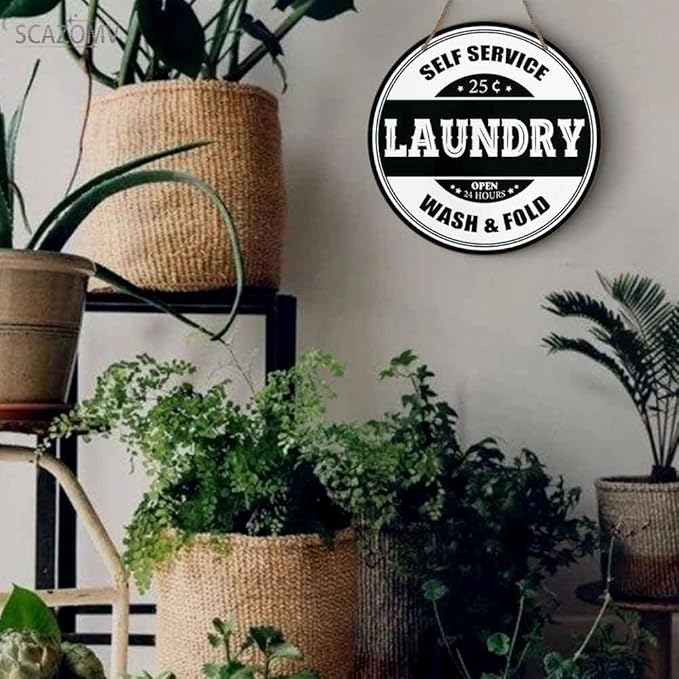 Laundry Round Rustic Wood Sign Plaque Self Service Wash Fold Vintage Wall Wooden Hanging Sign Decor for Home Kitchen Living Room Farmhouse Garden Front Door Entryway Porch Yard 12 Inch
