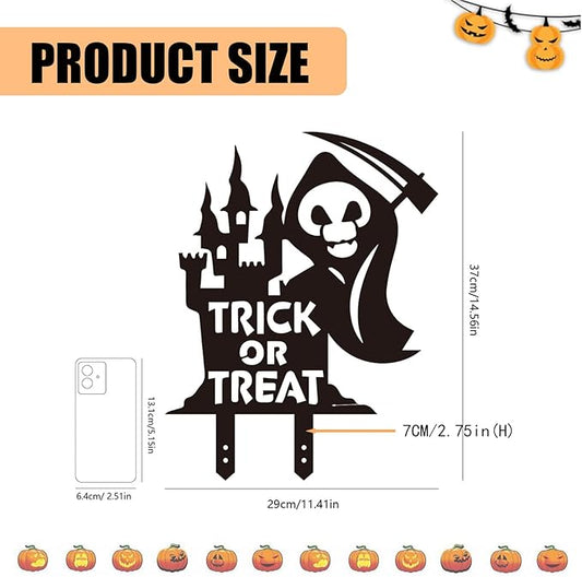 Grim Reaper Metal Yard Stake Decor - Black Skeleton with Scythe Silhouette for Gothic Haunted House Yard, Garden, or Porch, Weatherproof & Easy Setup Metal Decor Sign with "Trick or Treat" Cutout